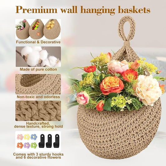 Boho Hanging Fruit Baskets for Kitchen with Hooks and Deco Flowers, 3 Pack handwoven Cotton hanging basket, Wall Basket for Vegetable Potato Onion Home Produce Storage (brown)