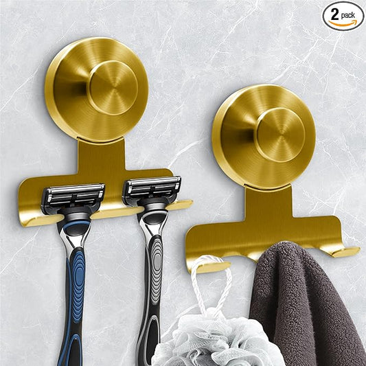 WingWider Suction Cup Razor Holder for Shower,Heavy-Duty 7KG Suction Hooks for Razor,Towel,Loofah,Removable Damage-Free Metal Shower Hook,Shaver Holder,2 Pack(Brushed Gold)