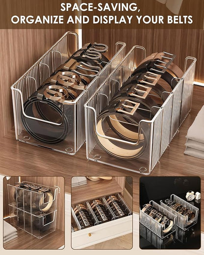 HAYVAN 2-Pack Acrylic Belt Organizer for Closet & Drawer - 8 Detachable Compartments, Clear Belt Holder Display Fits Most Sizes, Storage for Ties, Bows, Jewelry (Space-Saving Design)