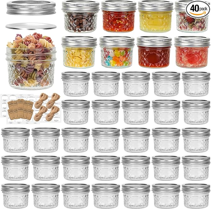 Eathtek 4 oz Mason Jars 40 Pack, 120ml Mini Canning Jars with Regular Lids for Jelly Herbs Spice Honey Storage, Small Glass Jars Candle jars, Extra Tags Label Included