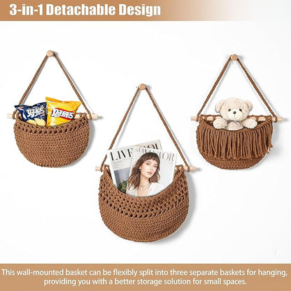3 Tier Hanging Fruit Baskets for Kitchen, Boho Cotton Rope Handwoven Vegetable Hammock Produce Storage Wall Mounted Large Organizing Basket for Farmhouse Decor, Over The Door, Onion, Potato (Caramel)