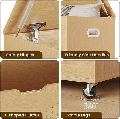 Storage Chest, Rattan-Style Toy Storage Bench with Lid and Wheels, Square Storage Trunk for Entryway, Bedroom, Living Room(Wood)