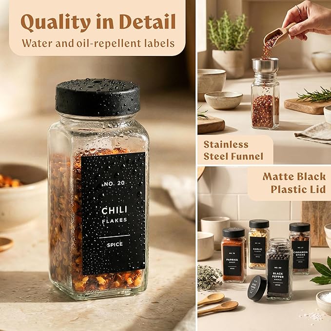 Glass Spice Jars with Labels (24 x 4oz) Spice Containers with 240 Labels, Shaker Inserts, Funnel, Empty Square Empty Square Seasoning Organizer (Black Lids)