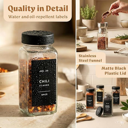 Glass Spice Jars with Labels (24 x 4oz) Spice Containers with 240 Labels, Shaker Inserts, Funnel, Empty Square Empty Square Seasoning Organizer (Black Lids)