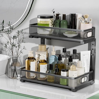 Under Sink Organizer, High Adjustable 2 Tier Under Sink Organizers and Storage, Slide Out Metal Cabinet Organizers, Pull Out Sink Storage Drawer Shelf for Kitchen Bathroom Cabinet, Black, 2 Pack