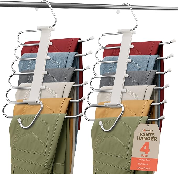 Campior Space Saving Pants Hangers 4 Pack, 6 Layer Jeans Hangers and Closet Organizer for Jeans, Scarves, & Skirts, Multi-Layer Hanger with Anti-Slip Stopper, Heavy-Duty S-Type Stainless Steel, White
