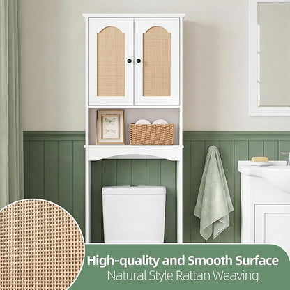 OONNEE Over The Toilet Storage Cabinet, Above Toilet Organizer with 2 Rattan Doors, Modern White Finish, 24x70 inch Space Saving Freestanding Bathroom Cabinet