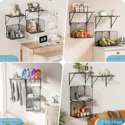 2 Pack Laundry Room Shelves Organization And Storage,Wall Mounted Clothes Drying Rack With Wire Mesh Basket Over Washer And Dryer,Large Capacity Floating Wall Shelf For Bathroom,Kitchen,Storeroom