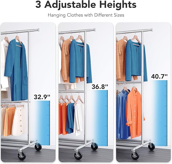 HOKEEPER Clothes Rack, Clothing Rack for Hanging Clothes Heavy Duty Garment Rack with Wheels Commercial Portable Freestanding Closet Rack with Shelves for Bedroom, Living Room, Laundry, Balcony, White