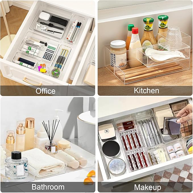 Recogwood Stackable Acrylic Drawer Organizer Set, 11 PCS Multi-Size Storage Bins for Makeup, Office Desk, Bathroom, Vanity and Kitchen Utensils