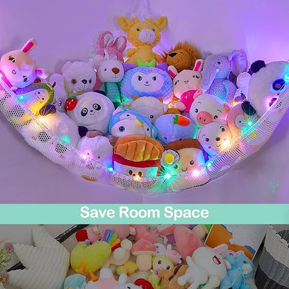 Unicorn Castle Stuffed Animals Net or Hammock Kids Toy Storage Organizer with LED Light Hanging Corner Stuffed Animals Holder Kids Girls Room Decor,White,Large (Pack of 2)
