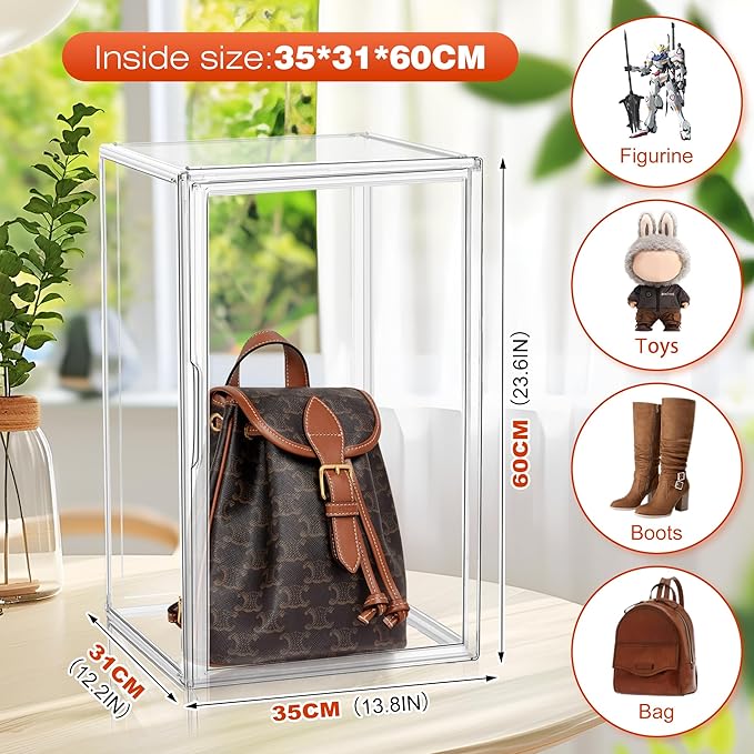 EZJOB 23.6'' Tall Acrylic Display Case XXXXX-Large Purse Handbag Organizer 13.8''x 12.2''x 23.6'' Clear Tall Boot Totes Storage Box Transparent Huge Figure Collectibles Showcase with Magnetic Lid