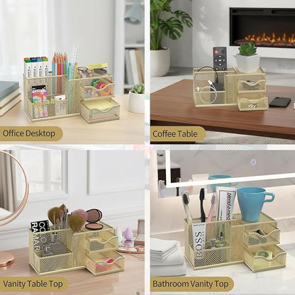 Mesh Desk Organizer, Pen Organizer with 2 Drawers and 5 Compartments, Versatile Pen Holder for Small Space, Desk Organizers and Accessories for School Office Supplies, Gold