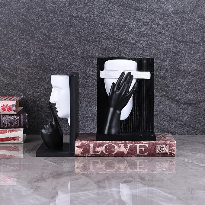 Decorative Bookends Set – Vintage Gold Face Sculptures & Modern Black & White – Resin Book Ends for Shelves, Heavy Book Stoppers, Brass-Look Bookends, Decorative for Home Office (B&W)