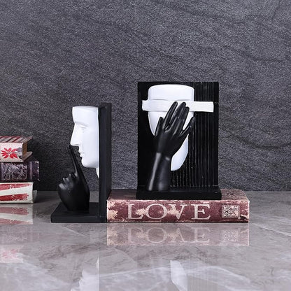 Decorative Bookends Set – Vintage Gold Face Sculptures & Modern Black & White – Resin Book Ends for Shelves, Heavy Book Stoppers, Brass-Look Bookends, Decorative for Home Office (B&W)