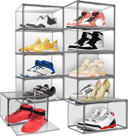 EDS FAM 10 Pack Large Clear Shoe Box Shoe Storage Organizer with Magnetic Door Stackable Shoe Containers for Sneakers, High Heels, Sport Shoes, Size 13