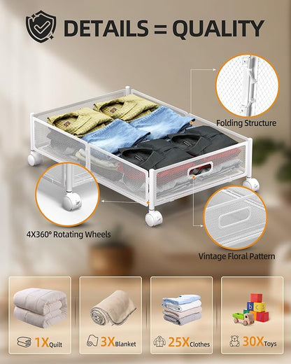 YEEBONIX Under Bed Organizer, Storage Bins Under Bed, 60L Underbed Storage Bins for Bedroom Clothes Shoes Blankets (White, 2 Pack)