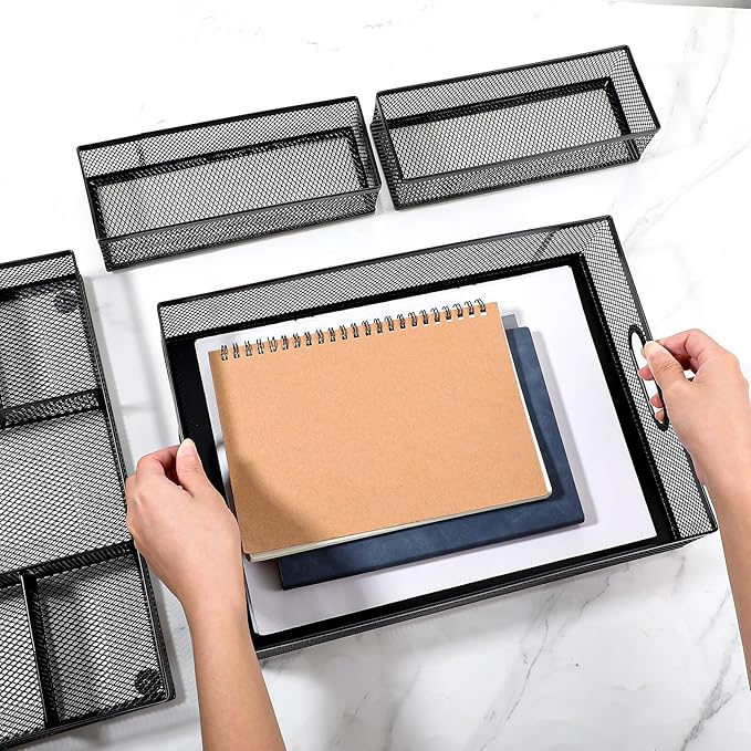 4 Pack Desk Drawer Organizer Tray Set - Black Metal Mesh Desk Drawer Organizers and Accessories with Adjustable Dividers for Office Supplies Storage