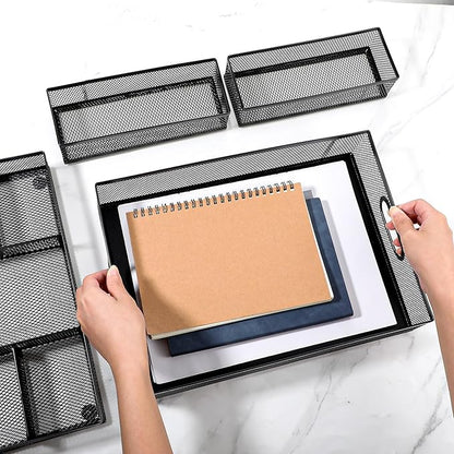 4 Pack Desk Drawer Organizer Tray Set - Black Metal Mesh Desk Drawer Organizers and Accessories with Adjustable Dividers for Office Supplies Storage