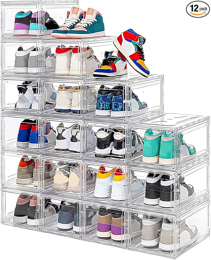 12 Pack Acrylic Clear Shoe Boxes– Ultra Clear Plastic Stackable Sneaker Storage For Sneakerhead. Professional Grade Shoe Display Case with Magnetic Door .Boots and Hat Organizer.Fits US Size 15