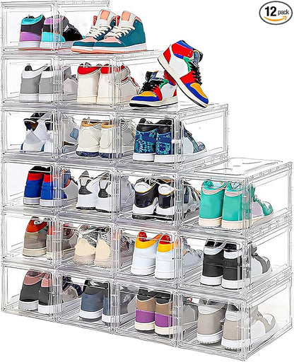 12 Pack Acrylic Clear Shoe Boxes– Ultra Clear Plastic Stackable Sneaker Storage For Sneakerhead. Professional Grade Shoe Display Case with Magnetic Door .Boots and Hat Organizer.Fits US Size 15