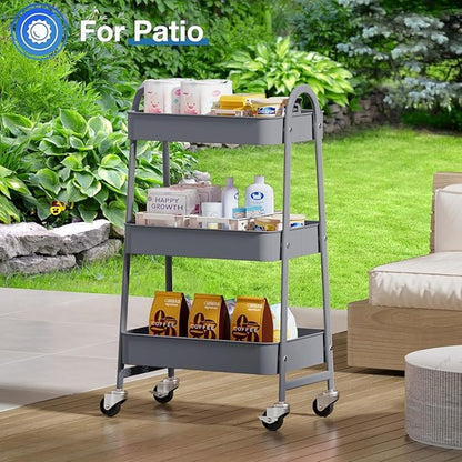 Rolling Carts with Wheels, 3 Tier Storage Cart for Kitchen Snack Cart with Lockable Wheels, Utility Storage Organizer Carts Diaper Cart for Nursery, Grey