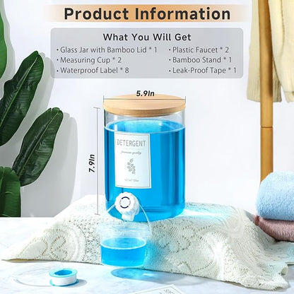 1 Glass Laundry Detergent Dispenser with Bamboo Lid - 120 Oz Liquid Detergent, Laundry Soap & Fabric Softener Dispenser for Laundry Room Organization and Storage with 1 Cups & 4 Labels