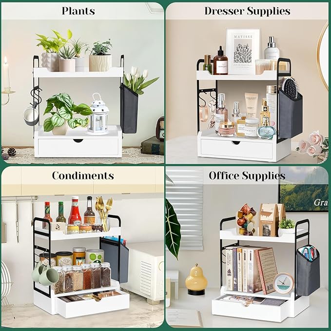 Coffee Station Organizer for Counter, Condiment Storage Caddy for Kitchen with Hooks and Bag,2 Tier Wooden Shelf for Coffee Bar Accessories,Coffee Bar Organizer for Kitchen, Home, Office-White