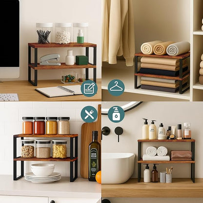 Sben Cabinet Organizer Shelf, Set of 2 Kitchen Counter Shelves, Kitchen Storage, Spice Rack, Stackable, Expandable, Metal and Engineered Wood, Ink Black and Rustic Brown