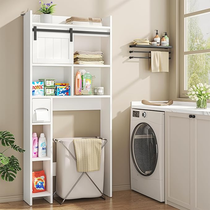 Semoic Over The Toilet Storage Cabinet, Over The Toilet Shelf with Sliding Door & Toilet Paper Holder Stand, Bathroom Above Toilet Storage, Home Space-Saving Toilet Rack for Bathroom, Restroom,White