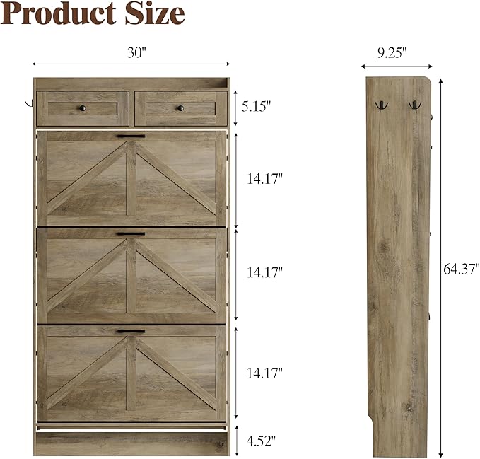 Shoe Cabinet with 3 Flip Drawers & 2 Storage Drawers, Rustic Farmhouse Narrow Shoe Organizer Cabinet, Slim Shoe Rack Cabinet, Shoe Storage Cabinet for Entryway, Hallway, Front Door