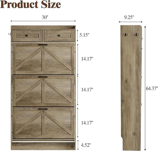 Shoe Cabinet with 3 Flip Drawers & 2 Storage Drawers, Rustic Farmhouse Narrow Shoe Organizer Cabinet, Slim Shoe Rack Cabinet, Shoe Storage Cabinet for Entryway, Hallway, Front Door
