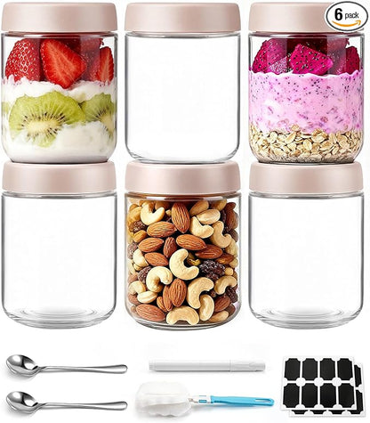 6 pack 16 oz Overnight Oats Containers with Lids and Spoons Glass Jars with Airtight Lids: Wide Mouth Mason Salad Jars, Leakproof and Reusable Glass Food Storage Container for Yogurt Snacks Spice