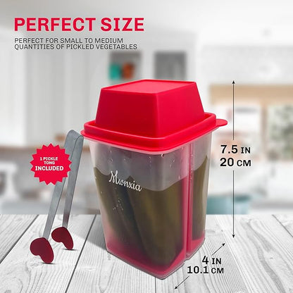 Mwnxia Pickle Container with Strainer | BPA Free Chilero Container Jalapenos Jalapeños | Pickle Jar with Lifter | Complete with Tong (Red) for Pickles, Cornichon, and Food Storage, Pickles Keeper
