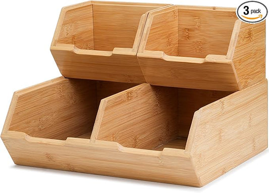 Bamboo Pantry Storage Bins, Stackable Potato and Onion Storage, Pantry Produce Organizer for Fruit and Vegetable