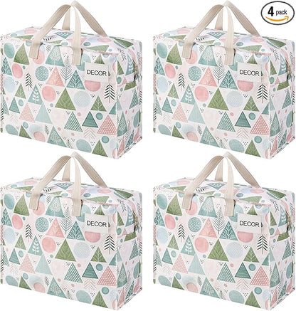 VENO 4 Pack Heavy Duty Moving Bags, Storage Bags, Packing Supplies, Top Zipper, Storage Totes for Camping, Clothes, Bedding, Comforters, Pillows, Christmas Pattern (13 Gallon, Pastel Forest, 4 Pack)