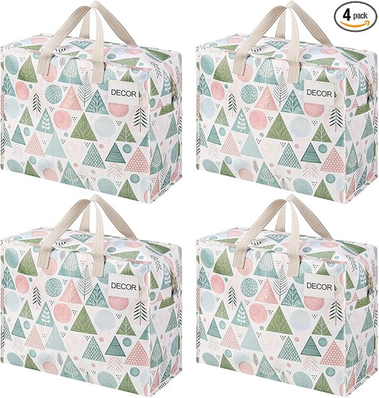 VENO 4 Pack Heavy Duty Moving Bags, Storage Bags, Packing Supplies, Top Zipper, Storage Totes for Camping, Clothes, Bedding, Comforters, Pillows, Christmas Pattern (13 Gallon, Pastel Forest, 4 Pack)