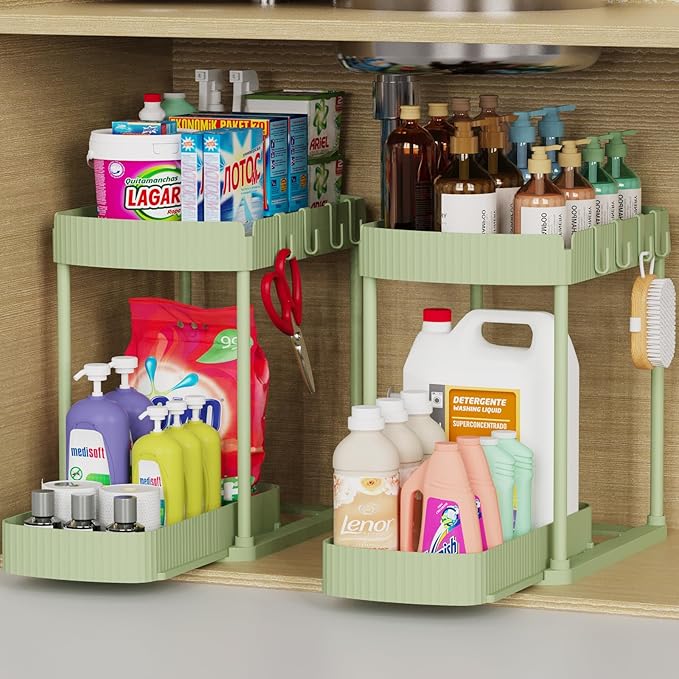 2 Pack Multi-Purpose Pull-Out Storage Organizers, Under Sink Organizers and Storage for Bathroom & Kitchen, Under Cabinet Organizers and storage, 14.8 Inch, Green