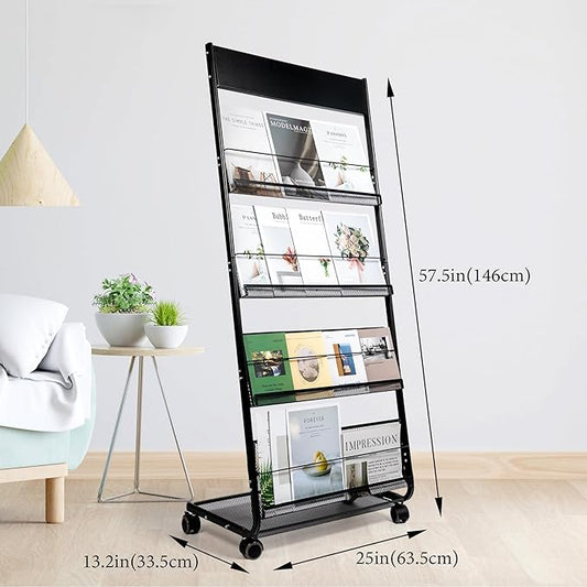 Floor Magazine Rack Brochure Display Stand 4-Layer With Wheels And Top Billboard, Newspaper Literature Holder High-Hardness Metal For Office Exhibitions, Black (57.5''*25''*13.2'')