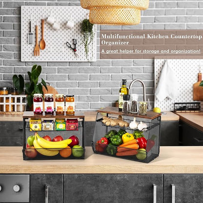 2 Pcs Stackable Fruit Basket with Lid for Kitchen Counter Storage Basket with Drawer Mesh Wall Hanging Wire Baskets with Lid Metal Vegetable Container for Kitchen 13.8 x 8.3 x 9.8''(Black)