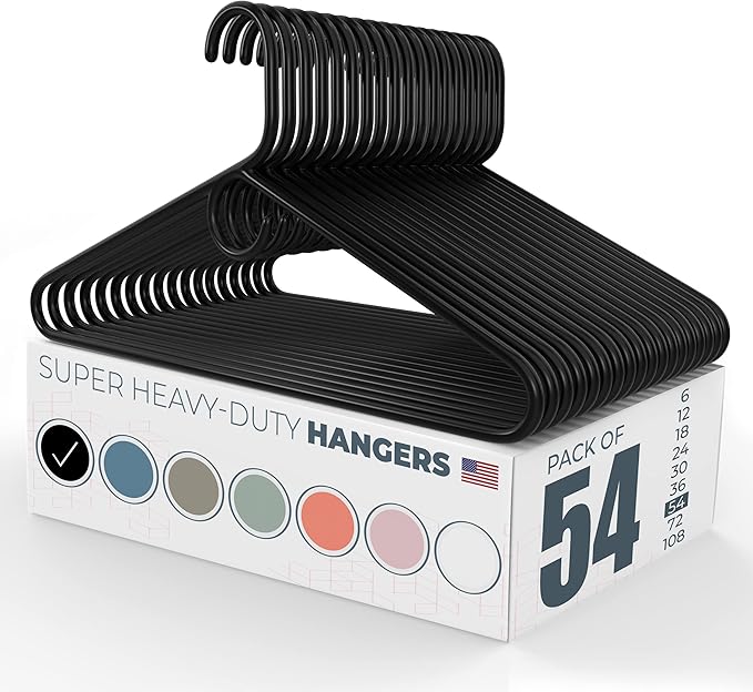 Neaties Super Heavy Duty Clothes Hangers 50 Pack (54 Count) – Made in The USA - 10lb Capacity, Thick Plastic Hangers for Pants, Coats, Jackets, Jeans and Adult Clothing – Black