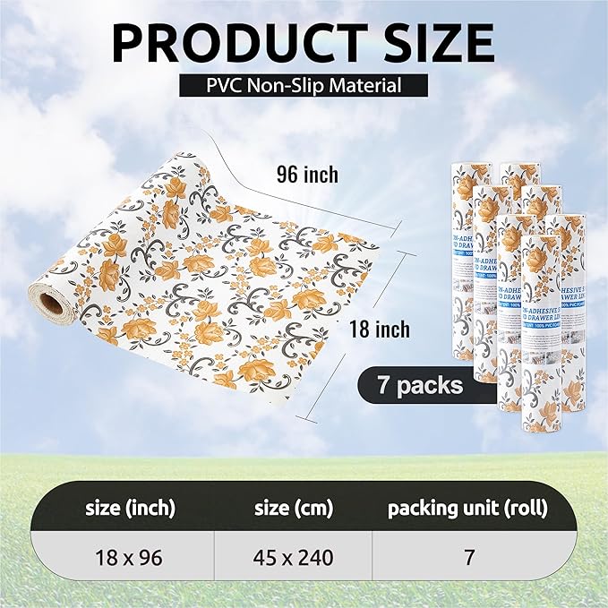 FIFTY FEET 18X96 Inch Shelf Liner for Kitchen Cabinets, PVC Drawer Liner for Dresser Non-Slip Bathroom, Non-Adhesive Cabinet Liner Washable (Yellow Floral)(7 Roll)