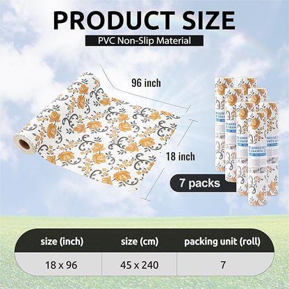 FIFTY FEET 18X96 Inch Shelf Liner for Kitchen Cabinets, PVC Drawer Liner for Dresser Non-Slip Bathroom, Non-Adhesive Cabinet Liner Washable (Yellow Floral)(7 Roll)
