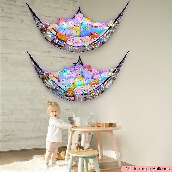 Unicorn Castle Stuffed Animals Net or Hammock Kids Toy Storage Organizer with LED Light Hanging Corner Stuffed Animals Holder Kids Girls Room Decor,Black,Large (Pack of 2)