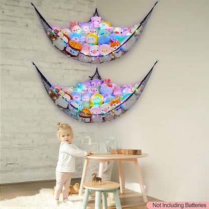 Unicorn Castle Stuffed Animals Net or Hammock Kids Toy Storage Organizer with LED Light Hanging Corner Stuffed Animals Holder Kids Girls Room Decor,Black,Large (Pack of 2)