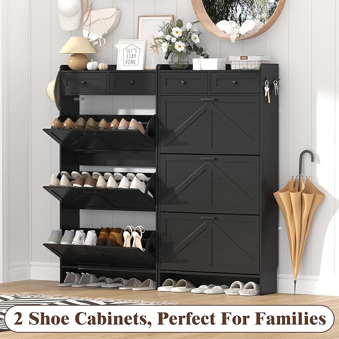Shoe Cabinet with 3 Flip Drawers & 2 Storage Drawers, Rustic Farmhouse Narrow Shoe Organizer Cabinet, Slim Shoe Rack Cabinet, Shoe Storage Cabinet for Entryway, Hallway, Front Door