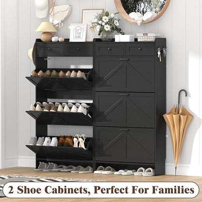 Shoe Cabinet with 3 Flip Drawers & 2 Storage Drawers, Rustic Farmhouse Narrow Shoe Organizer Cabinet, Slim Shoe Rack Cabinet, Shoe Storage Cabinet for Entryway, Hallway, Front Door