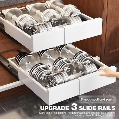 2 Pack Pull Out Cabinet Organizer Expandable Width(11"-16") and Depth(13"-17"),Slide Out Drawers With Raising Pad for Framed Cabinets,No Drill Roll Out Shelves for kitchen,Bathroom,White