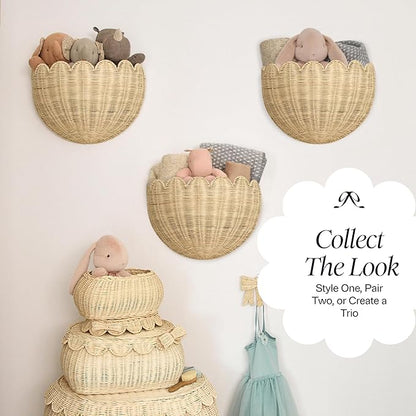 BEBE BASK Scalloped Wicker Wall Basket - The Original - Hand Woven Basket - Scalloped Décor Wall Hanging Baskets -16" x 10" x 7"In - Hanging Wall Basket (Natural)