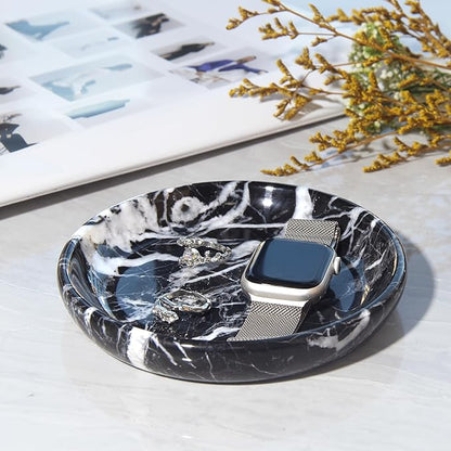 Plukers Small Natural Marble Jewelry Tray Key Plate Holder Dish Trinket Decor Catch All Bowl for Ring Earring Stone Gift for Women Daugther,Black